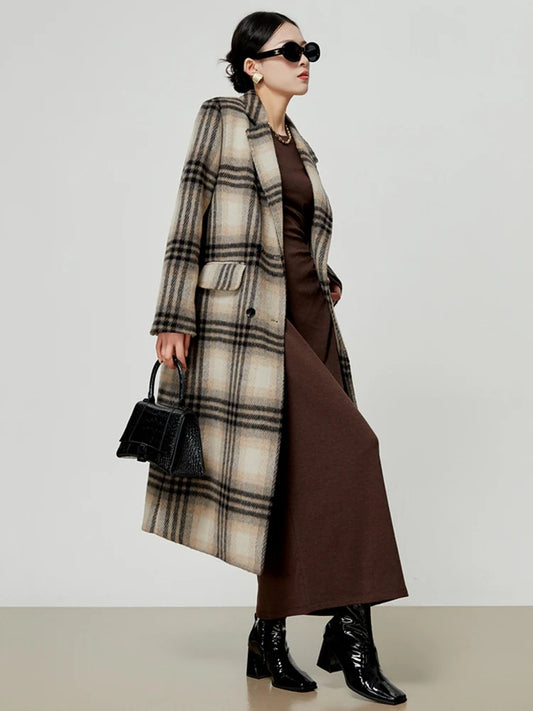 Vintage Plaid Woolen Coat For Women Fashion Notched Collar Contrast Color Straight Blends Jacket Autumn