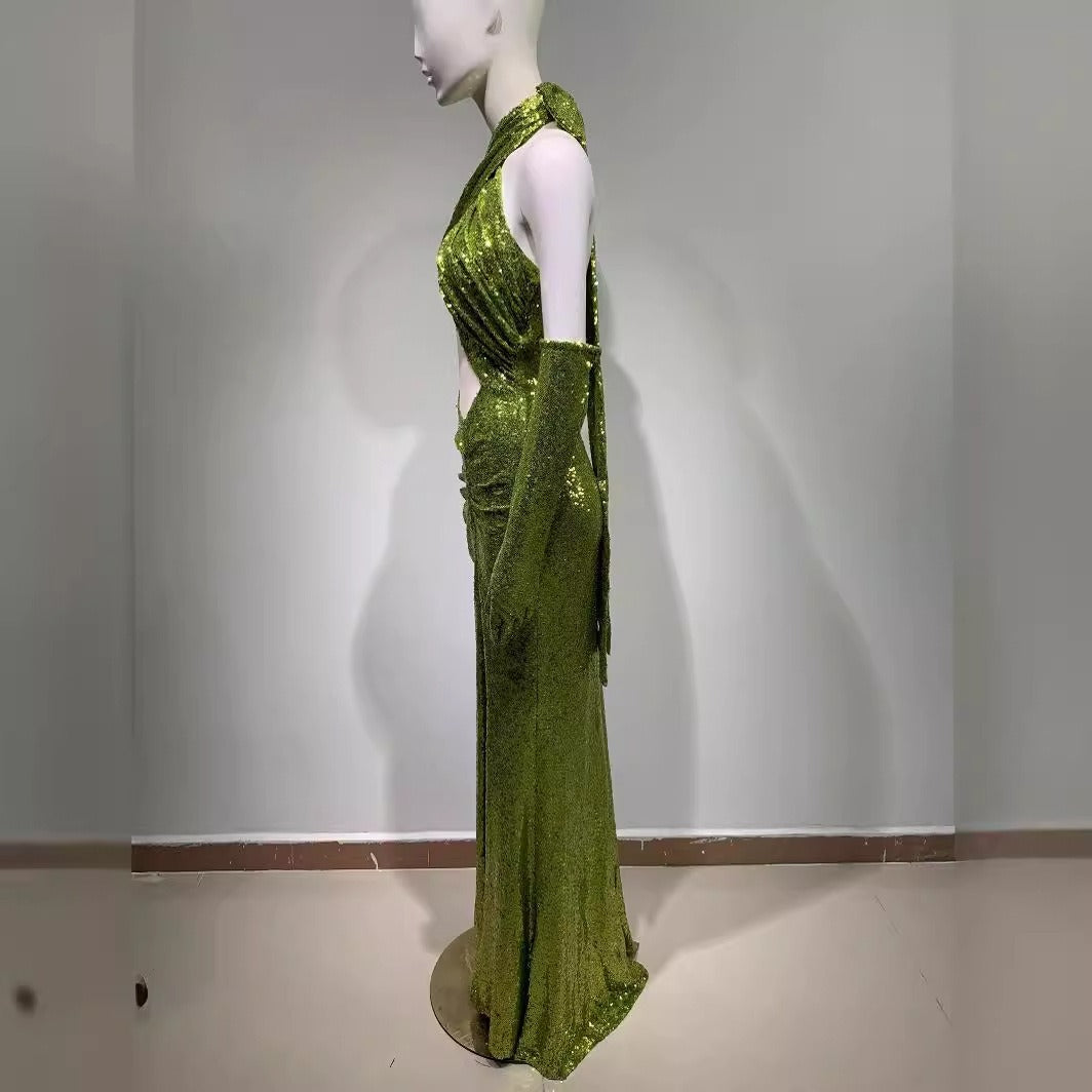 Elegant backless halterneck sexy sequined green elegant hollow bodycon floor length dress party party dress