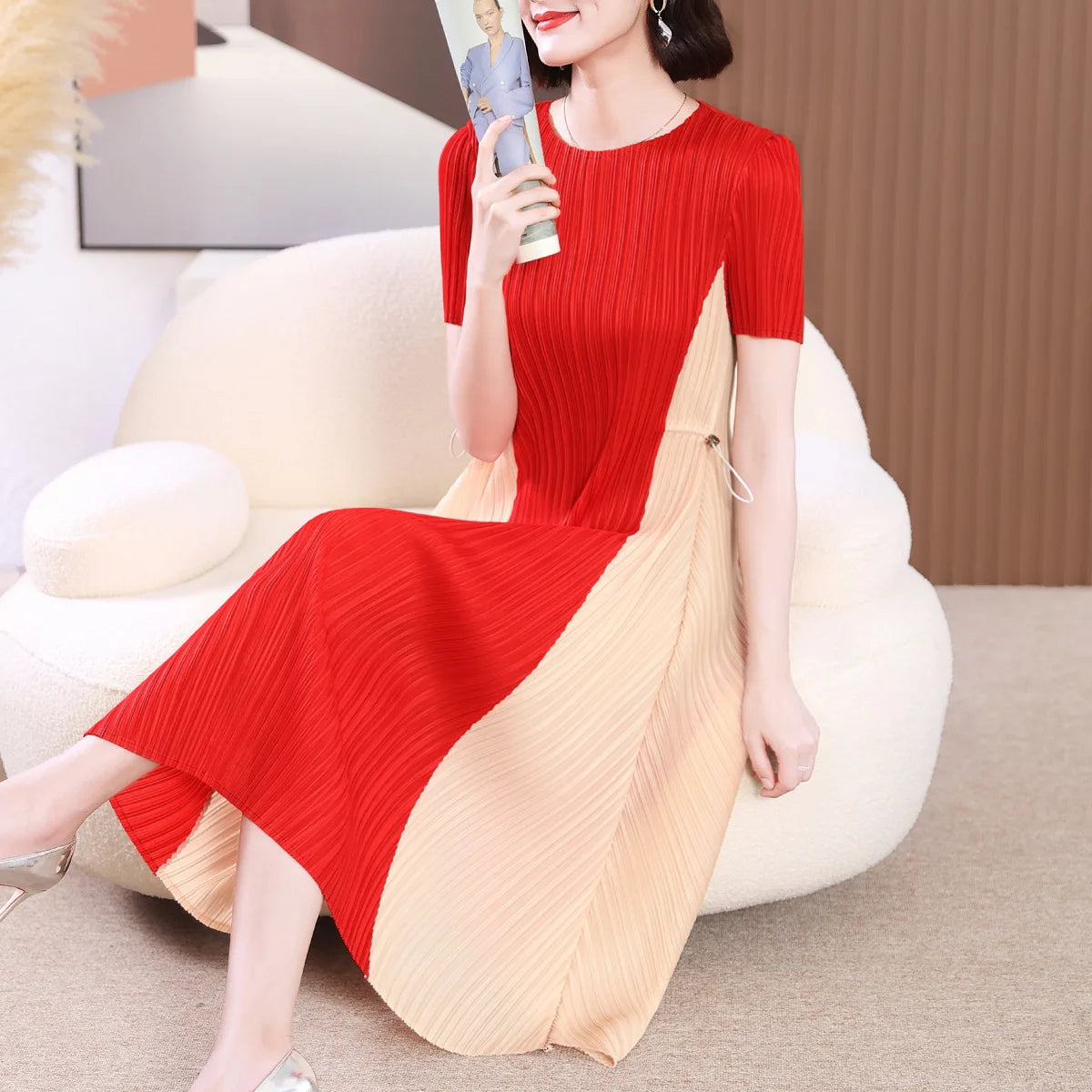 Women Pleated Color Block Dress Split Loose  Spring Summer New O Neck Patchwork Holiday Fashion Female Clothes Dress