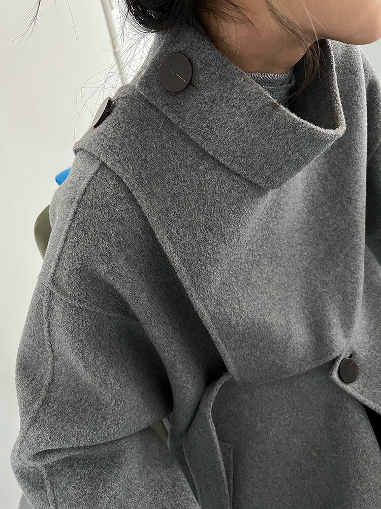 Fashion Trend Autumn Winter Loose Fit Gray Big Size Long Warm Ribbon Woolen Coat Parkas New Long Sleeve Women