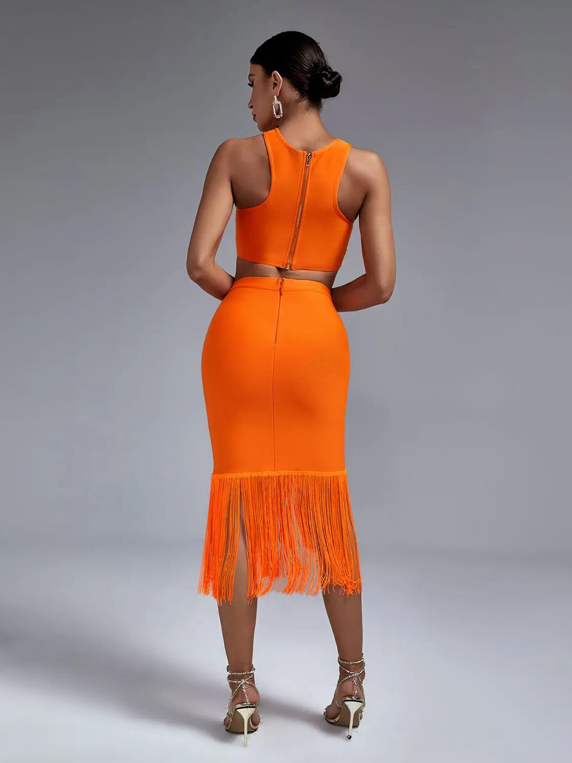 Bandage Two Piece Set Top and Skirt Women Elegant Sexy Fringed Orange 2 Piece Set Birthday Evening Party Club Outfits Summer