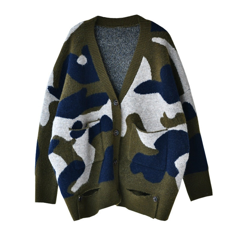 Literary Leisure Contracted Individual Character Camo Knits Flower Loose V - Neck Torn Sweater Cardigan Woman