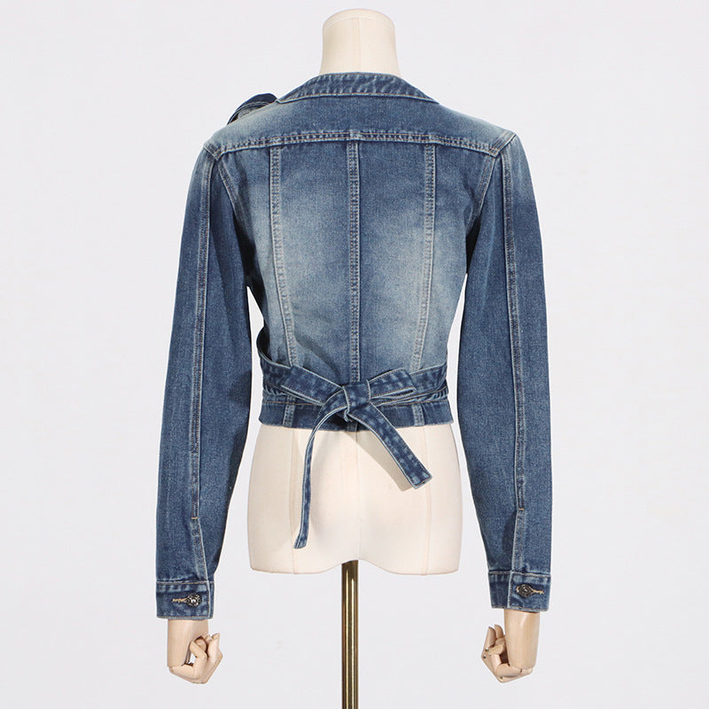 New fashionable and personalized V-neck cross asymmetrical lace up high-end short denim jacket