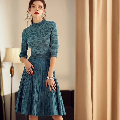 Temperament Goddess Style Clothes Suit Light Familiar Style Stand Collar Medium Sleeve Sweater+Pleated Skirt Two-Piece Spring And Autumn