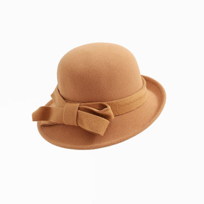 Women's French-style Elegant Retro Woolen Bowler Hat Curling Bow