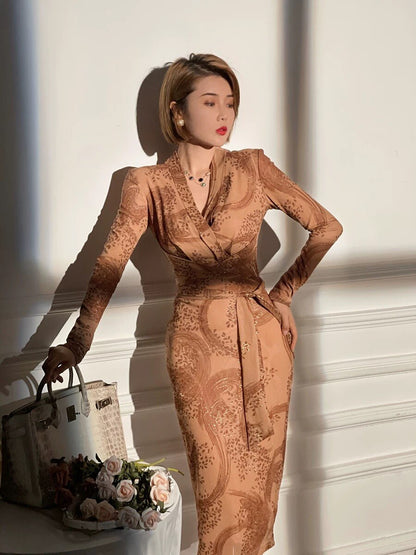 Spring Autumn Brown High Quality Vintage Flower Print Mesh Dress Women V-Neck Long Sleeve Stretch Bodycon Slim Vestidos