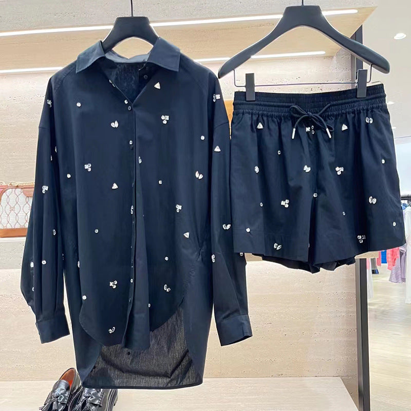 Fashionable hand sewn rhinestone decoration casual loose shirt shorts women's set