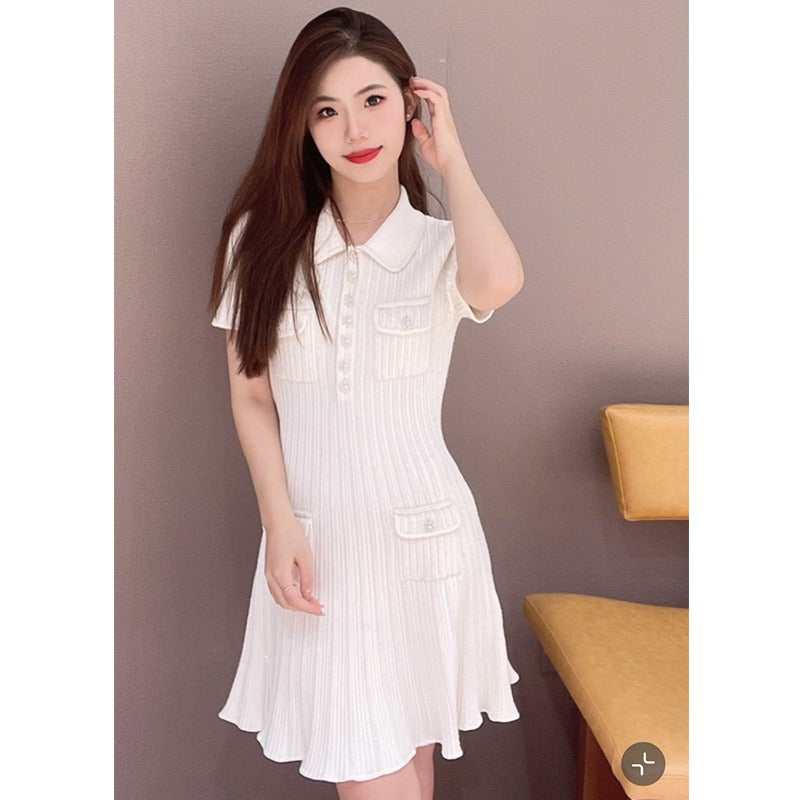 Haze Blue Thread Knitted Diamond Button Flip Collar Short sleeved Dress