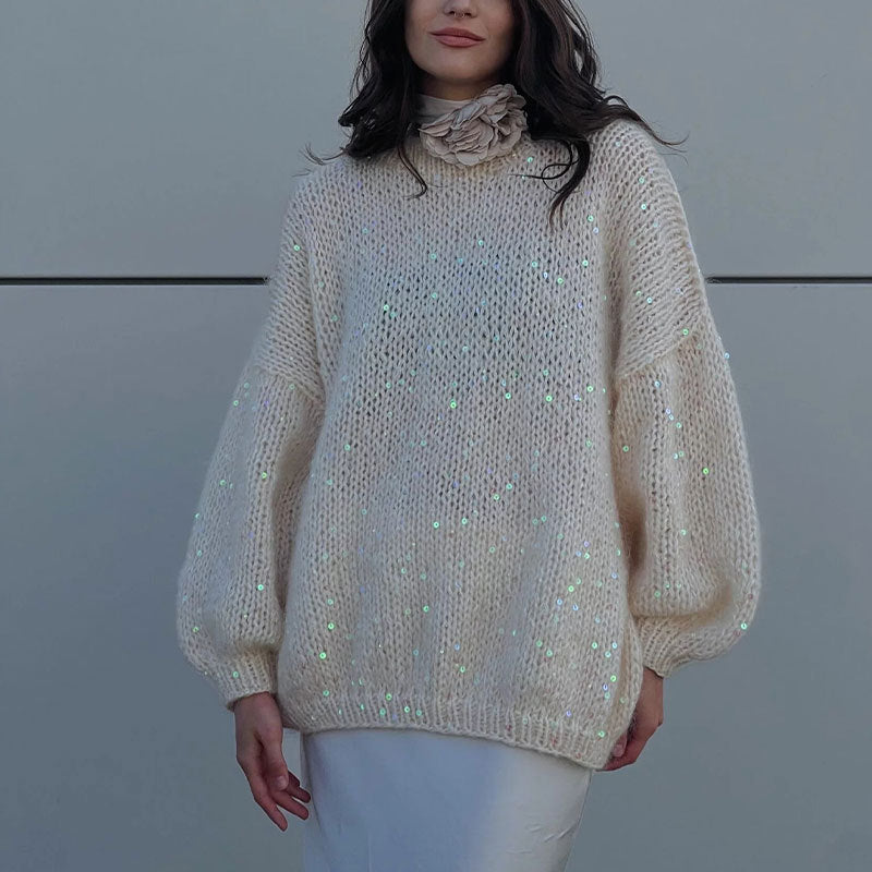 Fashionable sequined sweater, loose round neck lantern sleeve head, knitted sweater