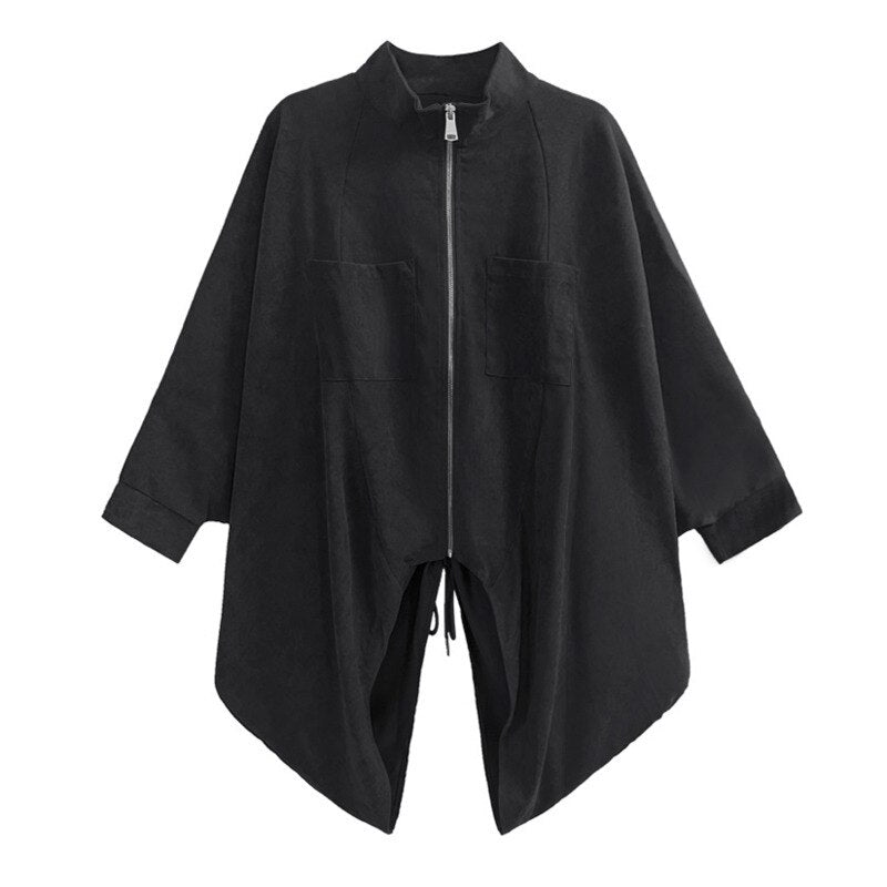 Black Drawstring Big Size Irregular Jacket New Stand Collar Batwing Sleeve Women Coat Fashion Spring Autumn