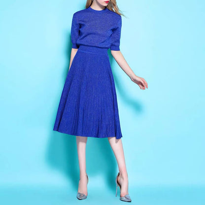 Temperament Goddess Style Clothes Suit Light Familiar Style Stand Collar Medium Sleeve Sweater+Pleated Skirt Two-Piece Spring And Autumn