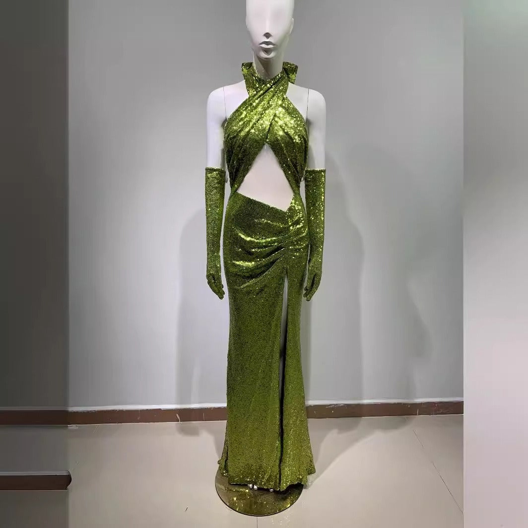 Elegant backless halterneck sexy sequined green elegant hollow bodycon floor length dress party party dress