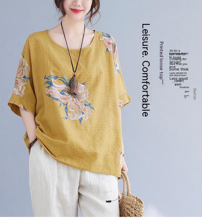 Korean Cotton Hemp Fat Mm Half Sleeve Top Summer