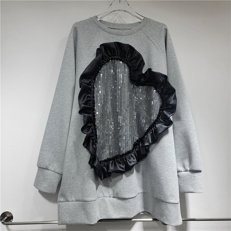 European and American fashion round neck heart-shaped sequin splicing loose long sleeved sweatshirt for women's fashion