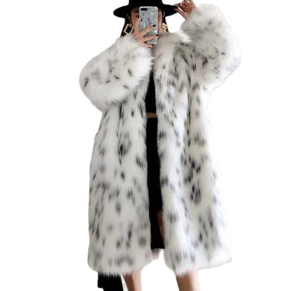 Fashion Fluffy Warm Faux Fur Jacket Women Lapel Long Elegant White Leopard Faux Mink Fur Coat Jackets