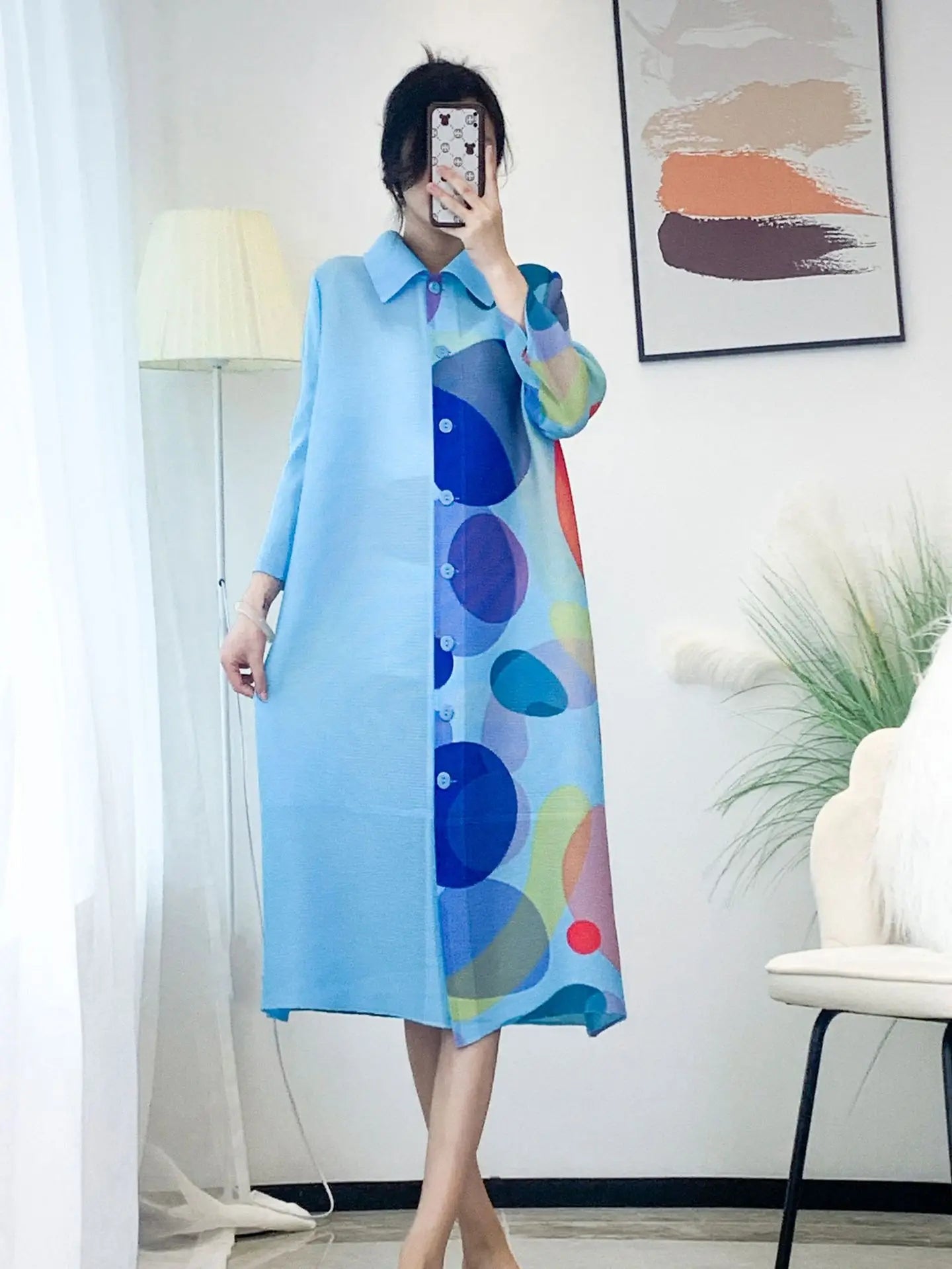 Pleated Single Breasted Dress Women Spring Summer New Korean Fashion Printed Cardigan Loose Plus Size Long Coats