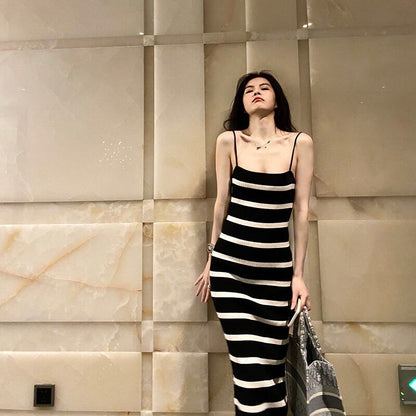 Striped Midi Spaghetti Strap Knitting Dresses Summer Thin Slim Bodycon Sexy Night Dress For Women