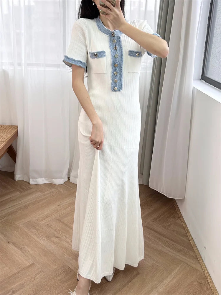 Elastic slim fit round neck button up long knit dress