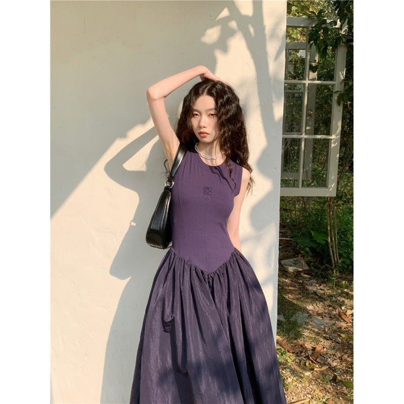 Elegant Round Neck Knitting Spliced High Waist Sleeveless Dress For Women