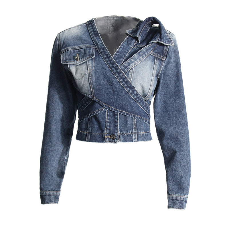 New fashionable and personalized V-neck cross asymmetrical lace up high-end short denim jacket