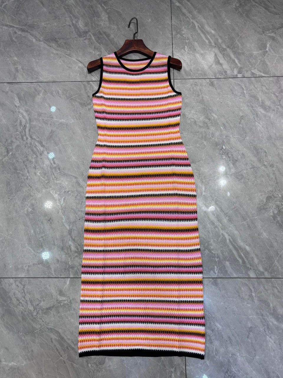 Striped sleeveless camisole waist-cinching figure-hugging high-elastic knitted dress