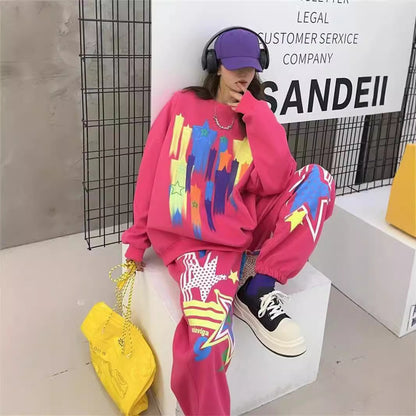 Hoodie women's long and fashionable cartoon graffiti print loose casual round neck autumn outfit set