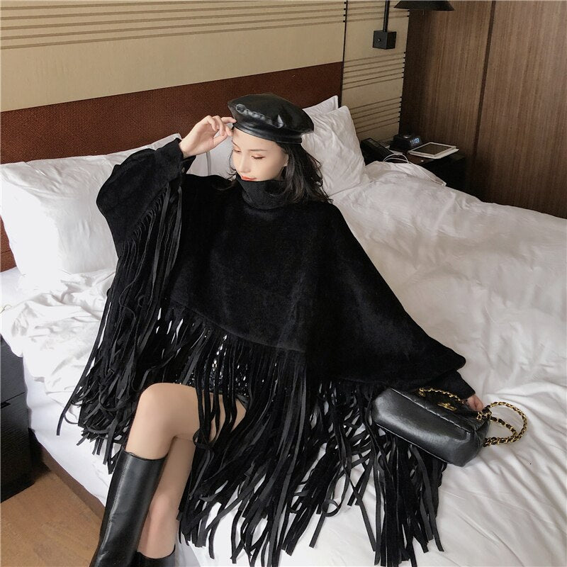 Overcoat New Fashion Streetwear Batwing Sleeve Faux Mink Cashmere Tassel Cloak Coat