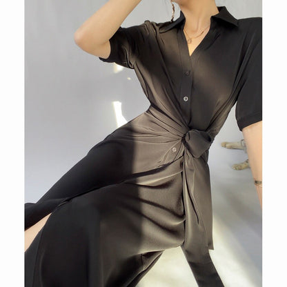 New French Light Luxury Senior Sense Of Temperament Waist-Skimming Acetate Satin Texture Shirt Dress