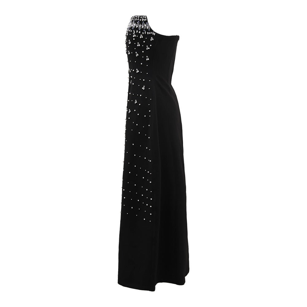 French heavy industry high-end feeling diamond studded nail bead strapless long dress for women's autumn new sleeveless waist cinching dress