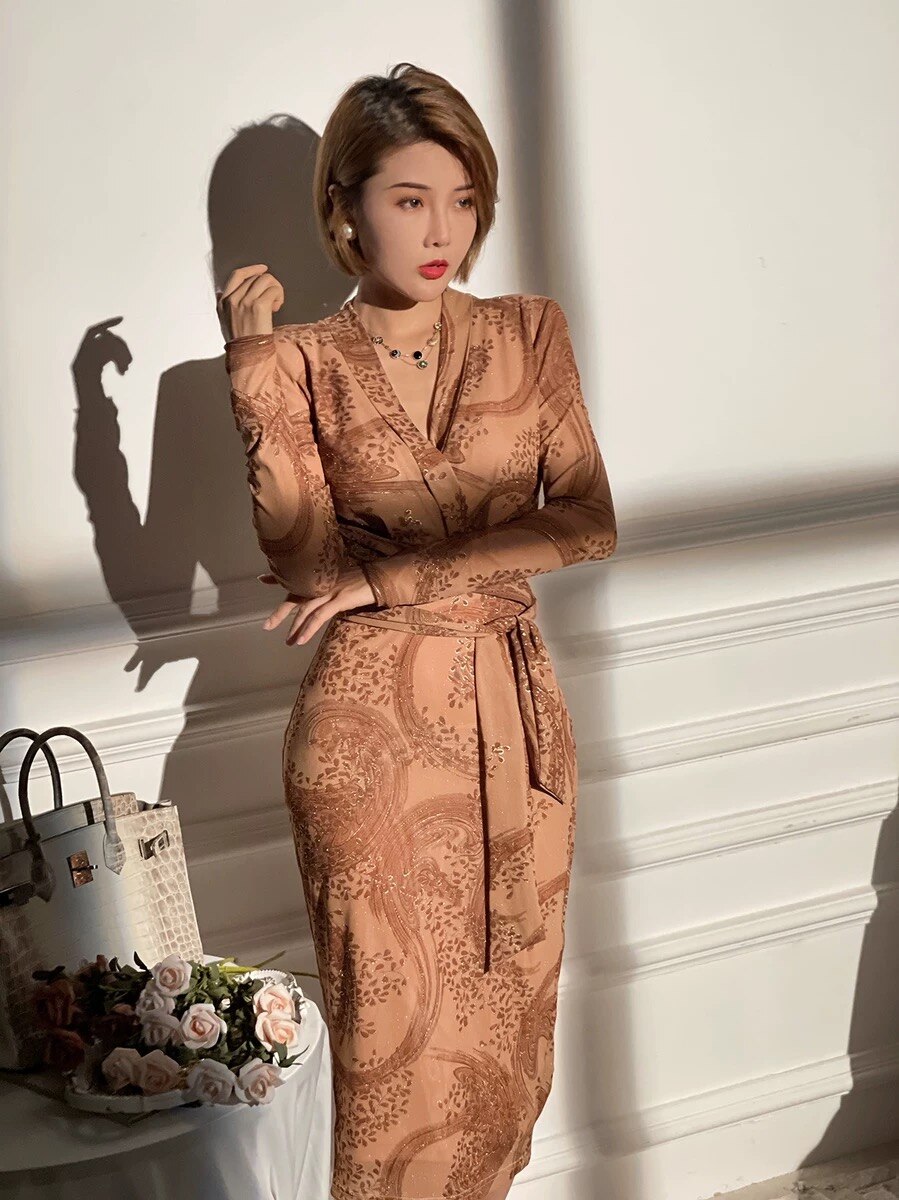 Spring Autumn Brown High Quality Vintage Flower Print Mesh Dress Women V-Neck Long Sleeve Stretch Bodycon Slim Vestidos