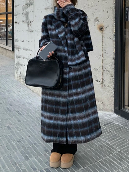 Plaid Spliced Design Woolen Coat For Women Long Sleeve Double Breasted Lapel Elegant Overcoat Female New Clothing