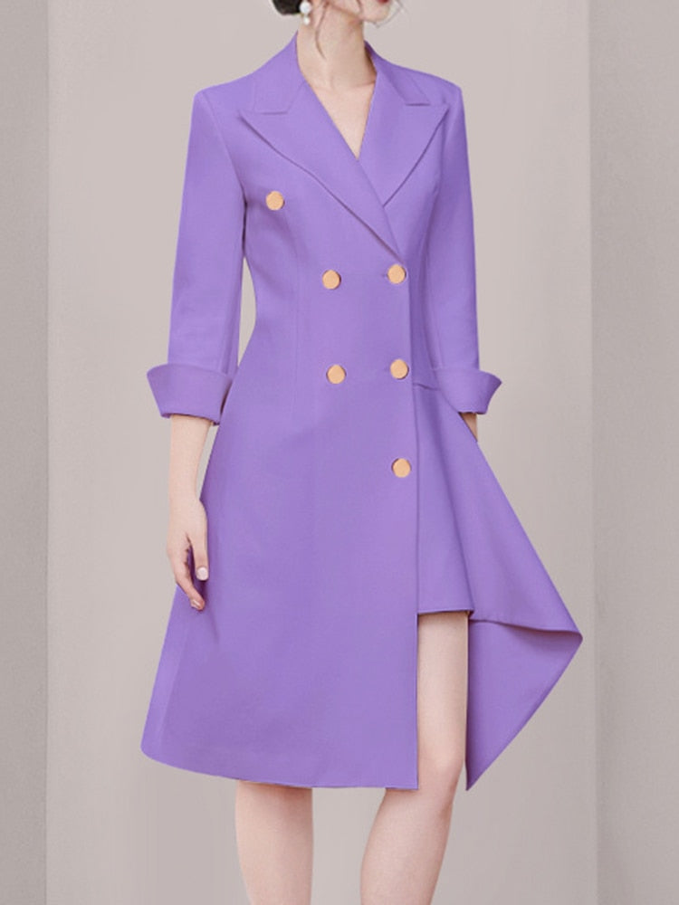 Fashion Women's Suit Dress Purple Irregular Notched Collar Double Breasted Mid-calf Dresses Female Autumn