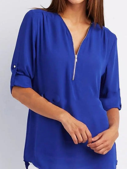 Ruched Half Zip Solid V Neck Casual Blouse, Rollable Sleeve Women's Clothing