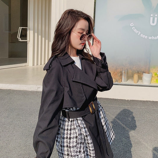 Plaid Trench For Women Notched Collar Long Sleeves Patchwork Belt Temperament Windbreaker Female