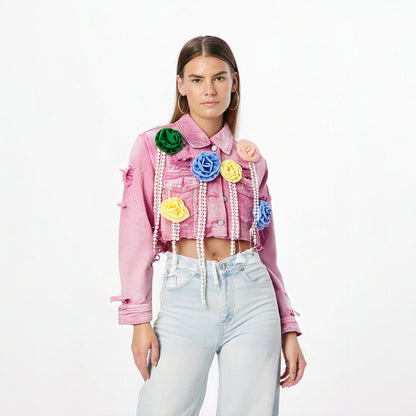 Fashion Trendy Women's Spliced Colorful Flower Diamonds Tassel Denim Coat  Summer New Lapel Jacket