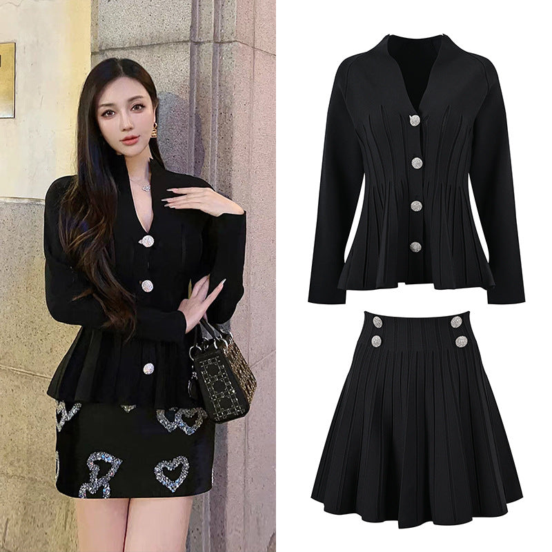 Elegant temperament, cinched waist for slimming, V-neck, crystal buckle, ruffled hem, cardigan jacket+elastic waist half skirt set