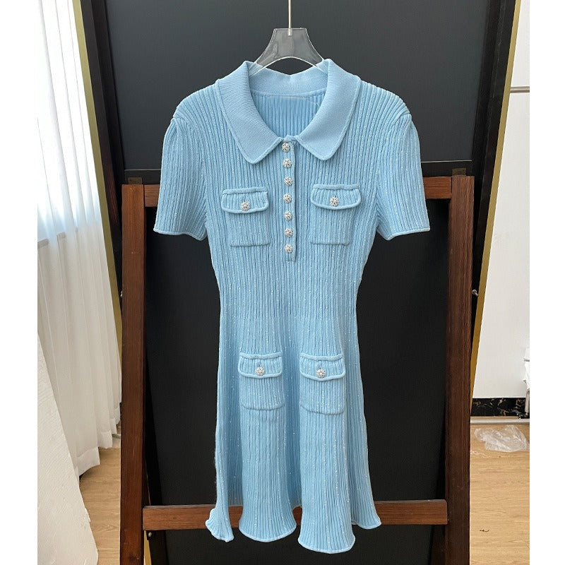 Haze Blue Thread Knitted Diamond Button Flip Collar Short sleeved Dress