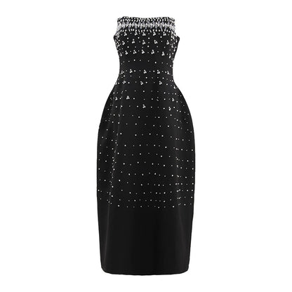 French heavy industry high-end feeling diamond studded nail bead strapless long dress for women's autumn new sleeveless waist cinching dress