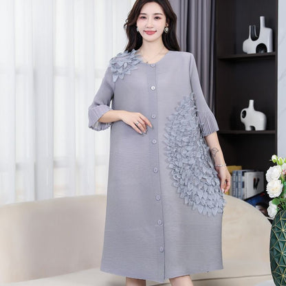 Wrinkle original design belly covering dress, new three-dimensional floating flower high-end Western style cardigan skirt