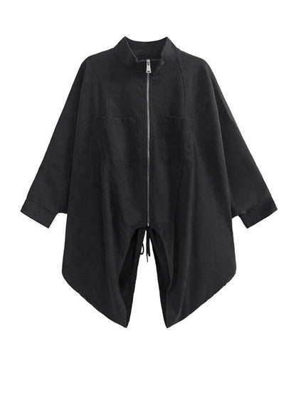 Black Drawstring Big Size Irregular Jacket New Stand Collar Batwing Sleeve Women Coat Fashion Spring Autumn