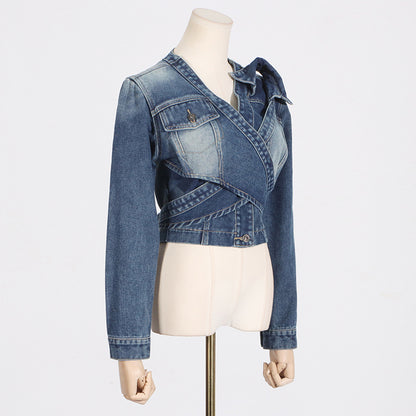 New fashionable and personalized V-neck cross asymmetrical lace up high-end short denim jacket