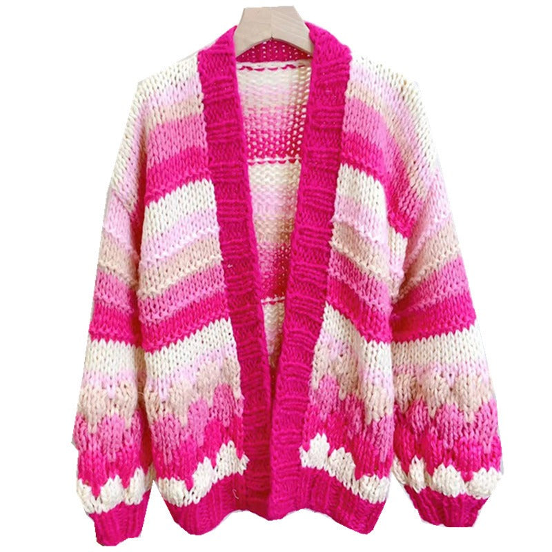 Knitted knit sweater paired with cardigan medium to long loose color blocked top for women in autumn and winter