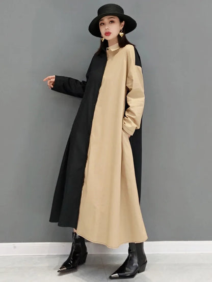 Contrast Color Shirt Dress For Women Fashion Patchwork Lapel Full Sleeve Loose A-line Vestido Autumn New