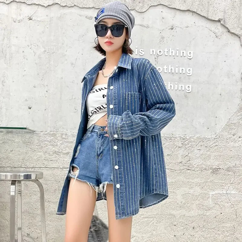 Women Crystal Striped Denim Shirt Coat Loose Long Sleeve Hot Drilling Diamonds Beaded Jeans Blouses Rhinestones Cardigan Tops