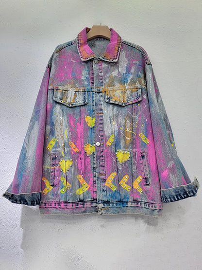 Women Denim Coat Colorful Heart Shaped Graffiti Hand Drawn Diamonds Single Breasted Jackets  Autumn New Fashion