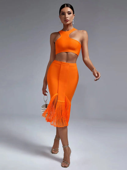 Bandage Two Piece Set Top and Skirt Women Elegant Sexy Fringed Orange 2 Piece Set Birthday Evening Party Club Outfits Summer