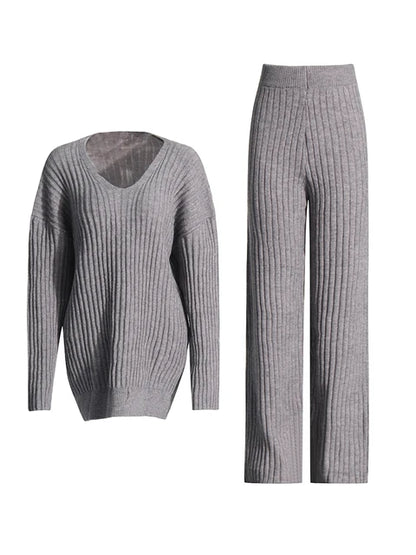 Loose V-neck Sweater + High-waisted Straight-leg Knitted Trousers Set