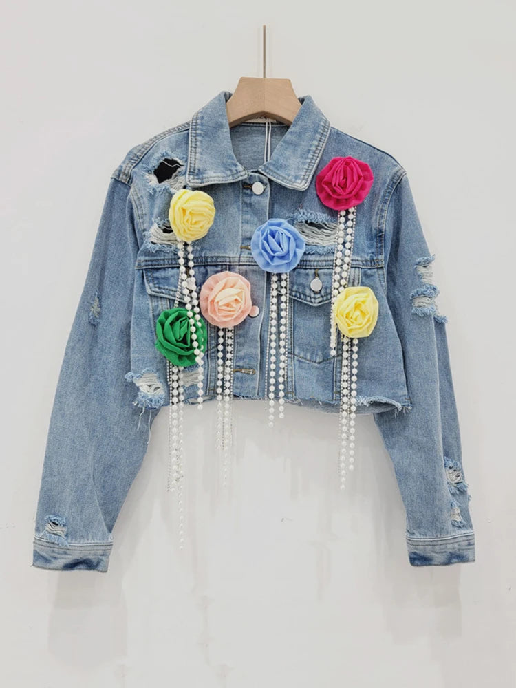 Fashion Trendy Women's Spliced Colorful Flower Diamonds Tassel Denim Coat  Summer New Lapel Jacket