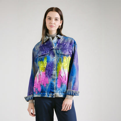 Hand drawn graffiti denim jacket women's colorful diamond studded pearl jacket