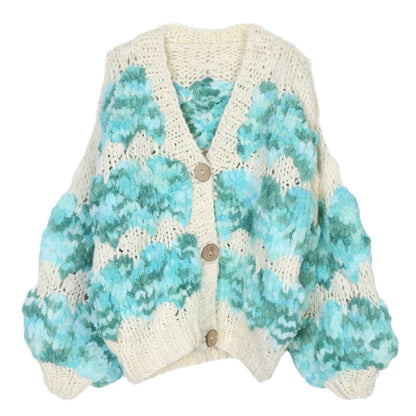 Long sleeved sweater cardigan gradient color V-neck loose sweater knitted cardigan